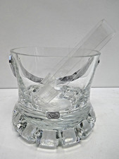 VINTAGE HANDMADE KOSTA SWEDEN HEAVY ART GLASS ICE BUCKET CHROME HANDLE