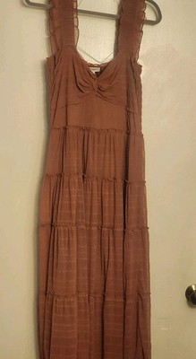 Max Studio tiered Maxi Dress, Sheer Overlay, Beige/ Brown, Sleeveless,...