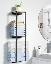 Towel Racks for Bathroom, 2 Tier Wall Towel Holder with Wood Shelf, Metal Wall M