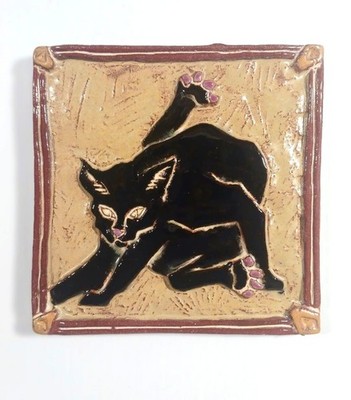 ''Exuse me!'' 6x6 ceramic Cat tile, handmade, multicolor, notch to hang