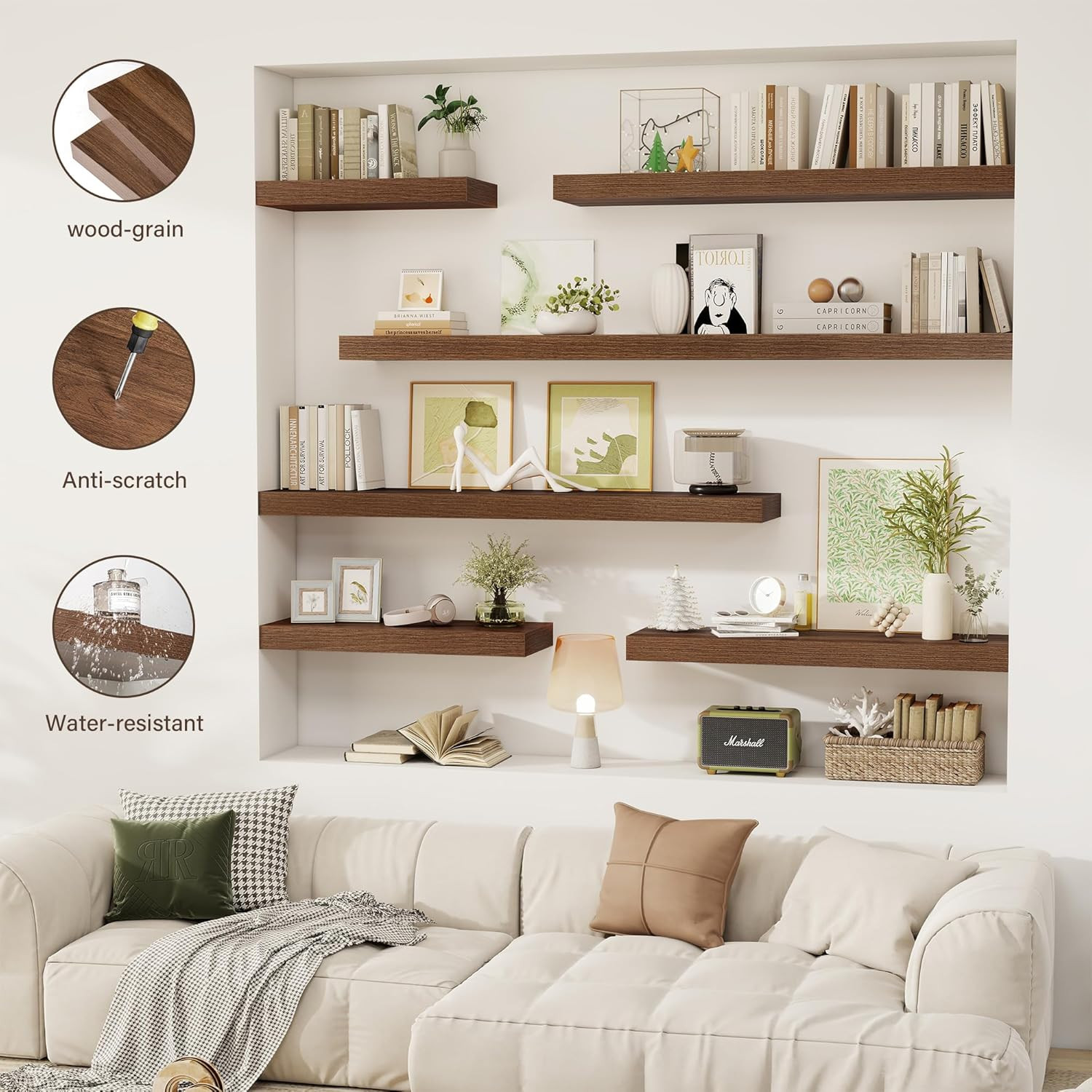Rustic 48" Floating Shelves Set of 2 - Deep Wall Mounted Bookshelf in Walnut