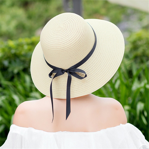 Floppy Foldable Ladies Women Straw Beach Sun Hat Summer Travel Wide Brim Cap - Picture 14 of 25