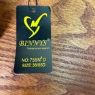 Black padded underwire bra with yellow rose lace trim, size 38D, on wood tag with white BINNYS logo and black text.