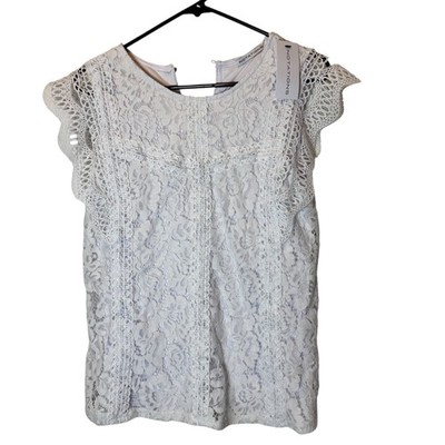 NOTATIONS Womens White Crochet Lace Cap Sleeve Pullover Lined Top Blouse, NWT