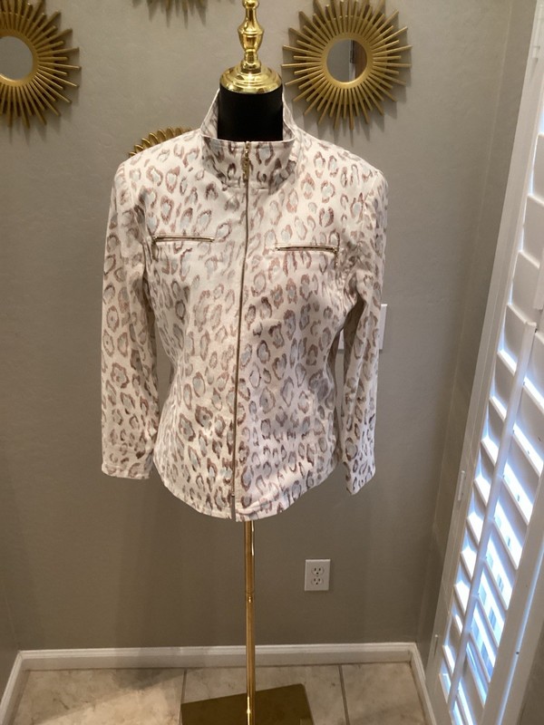 St John Gray Cream Leopard Print Jacket Size M