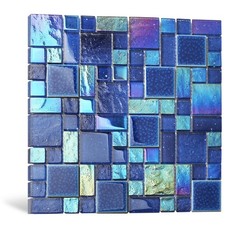 Blue Glass Mosaic Tiles French Pattern Square Mosaics Sheets Iridescent Cobal...