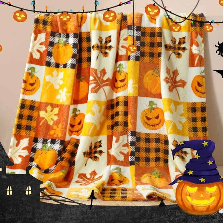 Halloween Fleece Throw Blanket, Pumpkin, Leaves Fall Plaid Blanket, Soft Fuzz... - Image 3 of 4