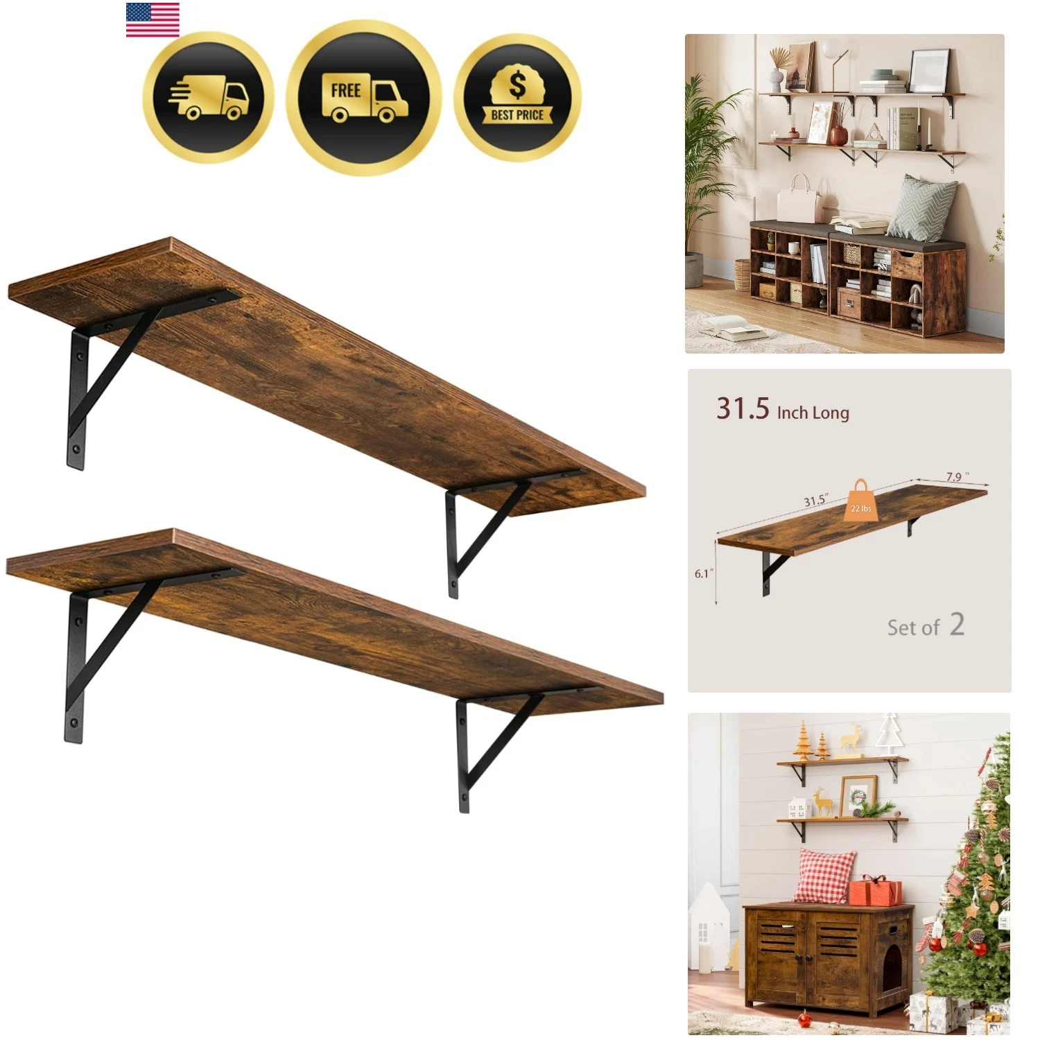 Long Wall Shelves, 31.5 Inch Wall Mounted Shelves Set of 2, Easy-to-Install, ...