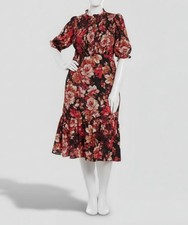 London Times Women's Black Floral Smocked Puff-Sleeve Dress Petite Size 14P