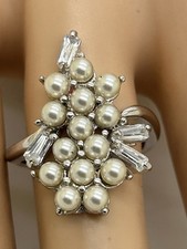 925 Sterling Silver Vintage Delicate Flowers Made With Pearls Ring Sz 6.