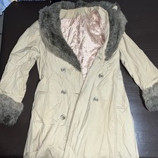 Vintage Bonders Tan Trench Coat Faux Fur Collar Cuff Double Breasted Made In USA