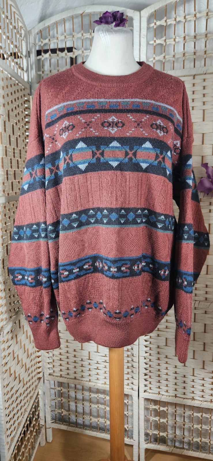 Kellerman Men’s Vintage Geometric Knit Crew Neck Wool Acrylic Jumper XL image 2