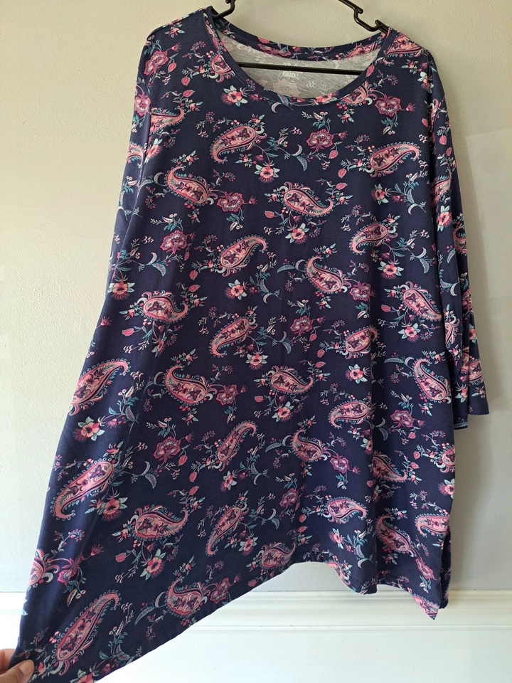 Lands End Womens Boho Floral Paisley 3/4 Sleeve Top Size 3X Blue Pullover Foto 4 de 4