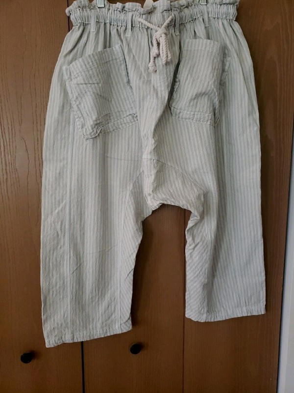 Free People Runyon Oversized Striped Bohemian Harem Pants Cream Blue Stripe Sz M