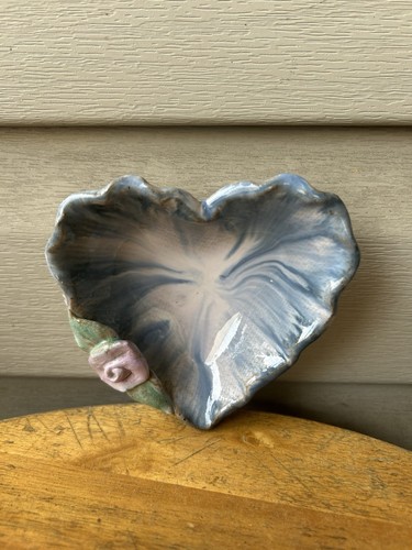 Crimped Heart Blue Drip Glaze Rose Small Art Pottery Dish 4.5" Signed