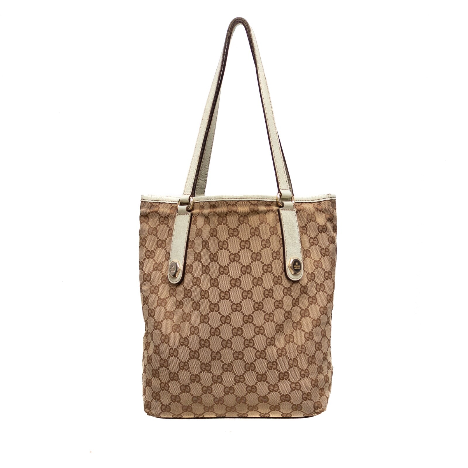 Vintage GUCCI GG Monogram Canvas Leather Charmy Tote Bag Beige Brown