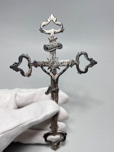 7" Antique French Sterling Silver Wall Crucifix Jesus Christ Cross Religious