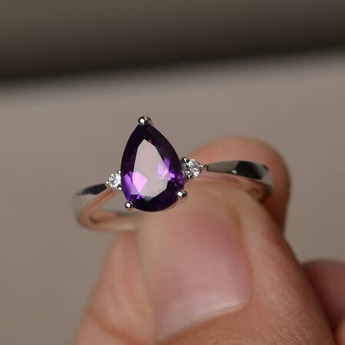 2 Ct Pear Cut Simulated Amethyst Solitaire Wedding Ring 14k White Gold Plated - Picture 4 of 8