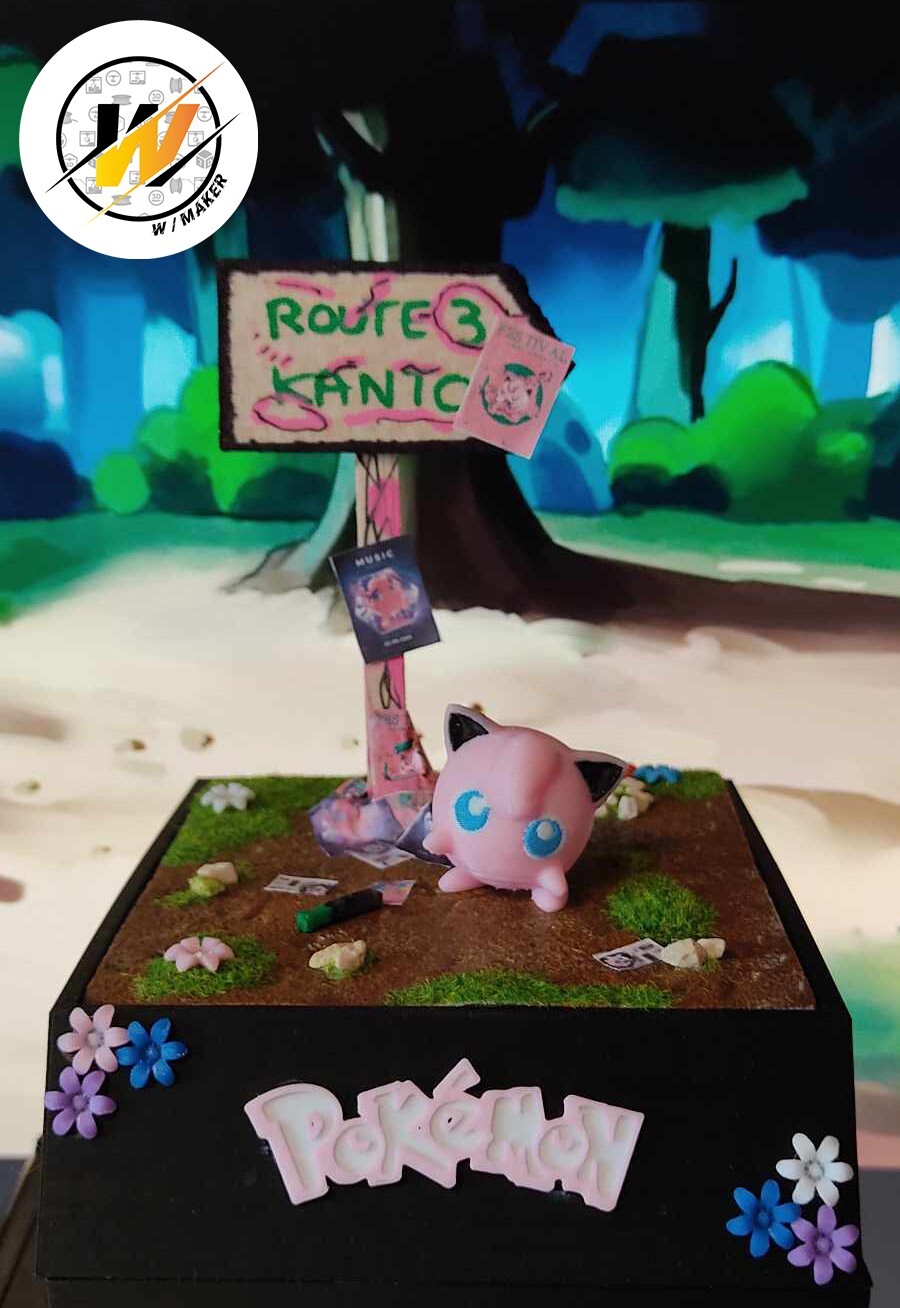 Diorama Pokémon Rondoudou avec figurine imprimée en 3D rose pour décoration de bureau