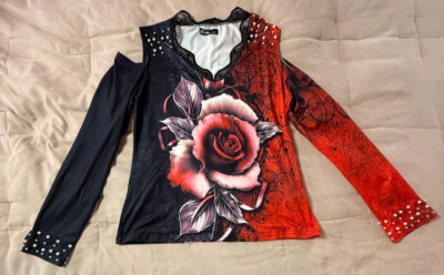 Chic Me Women's Multicolor Beaded Long Sleeve Cold Shoulder Top Size 3XL