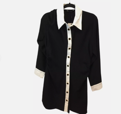 Zara Womens Shirt Dress XL Black Crepe Mini Ruched Long Sleeve 3897/165 NWT - Picture 2 of 14