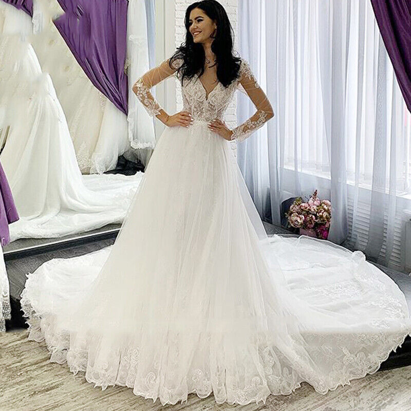 Long Sleeve Wedding Dresses Lace Appliques Beaded V Neck A Line Bridal Gowns  | eBay