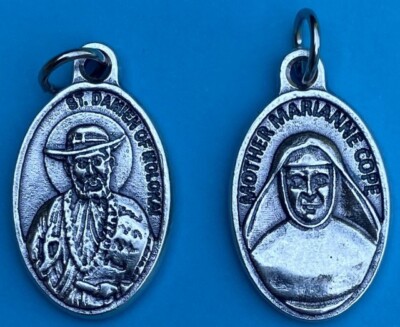2 Holy Cards Both St. Marianne Cope & Fr. Damien Veuster of Molokai & 1'' Medal