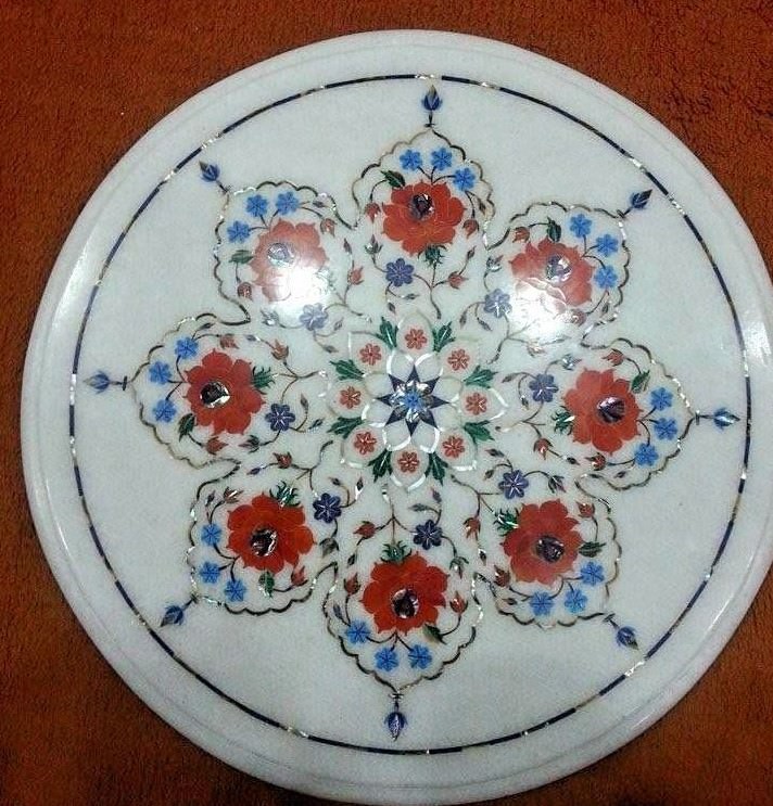 18-Inch Handcrafted Marble Corner Table Top with Intricate Inlay Art