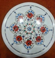 Tavolo In Marmo Angolare / Laterale Rotondo 18" Artigianale Con Intarsio