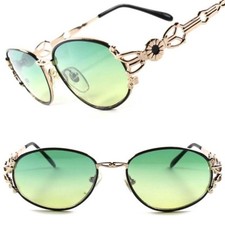 True Vintage Classic Unique Green Lens Womens Sexy Stylish Gold Oval Sunglasses