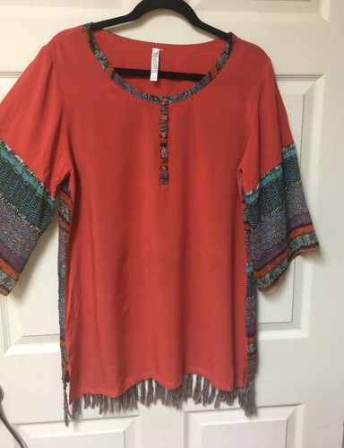 Maria Rerio Orange Boho Tunic Top Dress Fringe Tassels Large EUC! - Picture 7 of 10