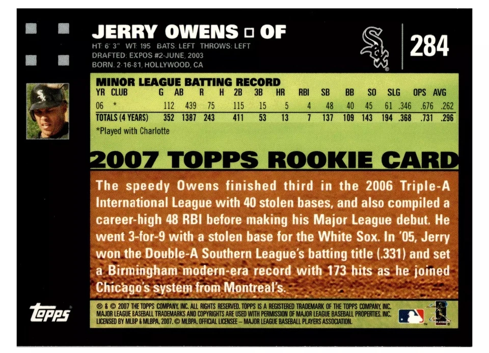 2007 Topps Jerry Owens RC Rookie Chicago White Sox #284 NM-MINT - Image 2 of 2