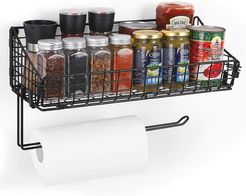 Kitchen Paper Towel Holder Under Cabinet Wall Mount Metal Rack w/ Storage Basket - Picture 6 of 7