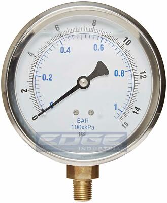 LIQUID FILLED PRESSURE GAUGE 0-15 PSI, 4'' FACE, 1/4'' LOWER MOUNT