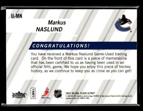 2007-08 Ultra #U-MN Markus Naslund Uniformity Patches #/25 - Picture 2 of 2
