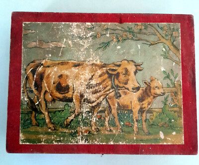 Antique 1900's GERMAN Child Wooden Block CUBES ANIMALS Puzzle Toy Box