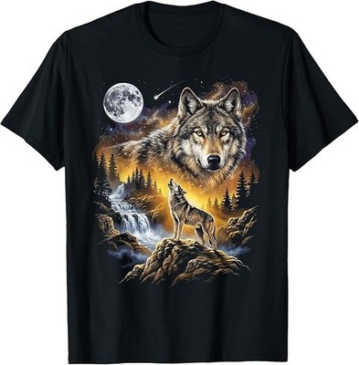 Wolf Howling at the Moon Forest Wildlife Art Design T-Shirt