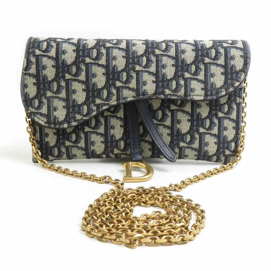 Dior — Auth Christian Dior Oblique Chain Wallet Navy/Gold Canvas/Metal - 90235a