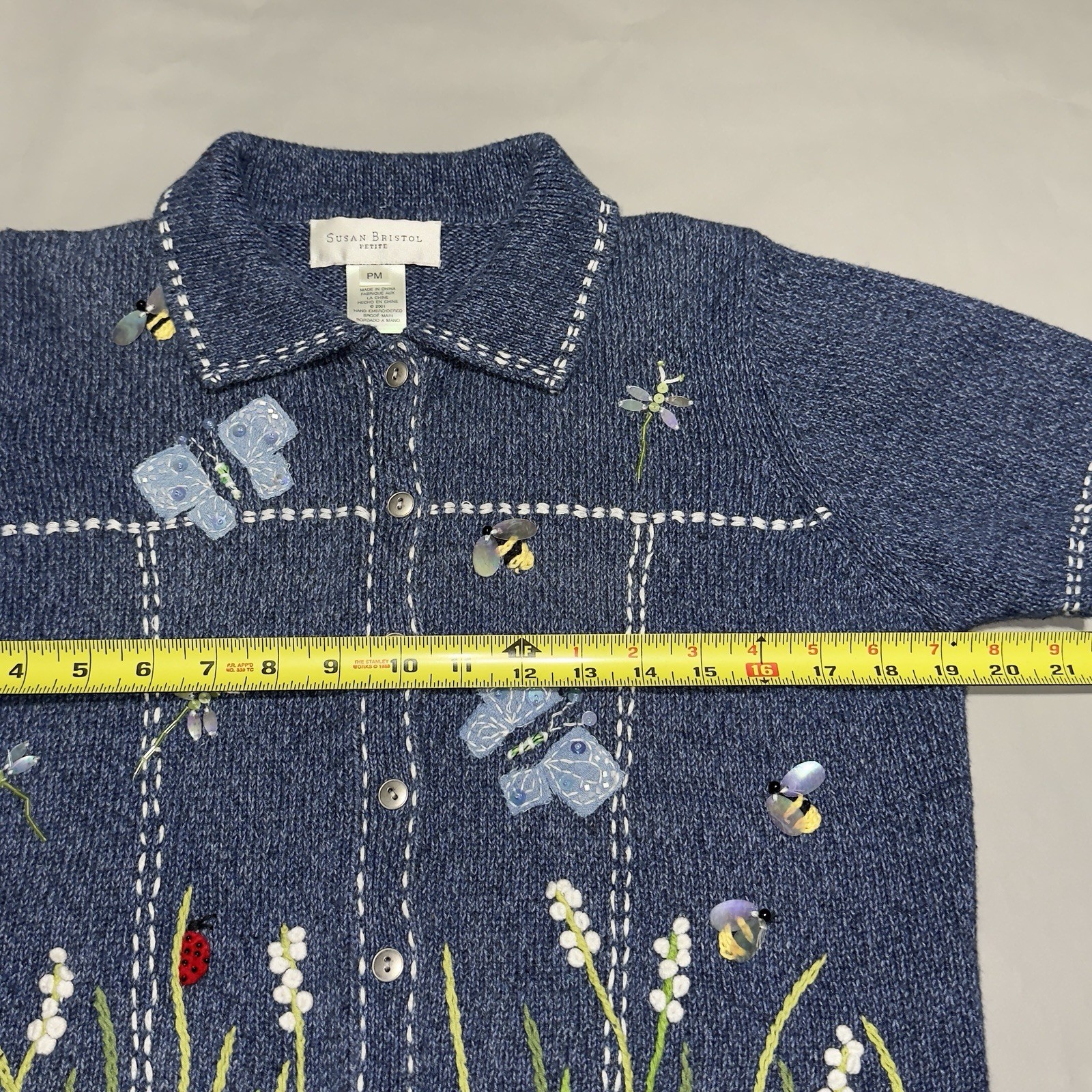 Susan Bristol Cardigan Sweater Bee Size PM Moth Ladybug Grandma Mom Cottagecore