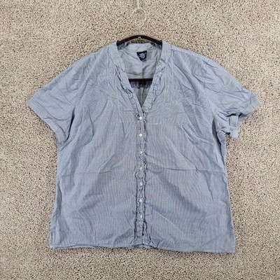 Basic Editions Button Up Women XXL Blue Striped Ruffle Front Short Sleeve Casual