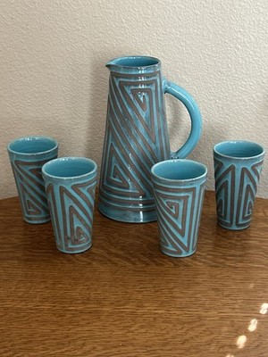 Raymor Bitossi Italy Pottery Pitcher & 4 Tumblers Blue Geometric Mid Century