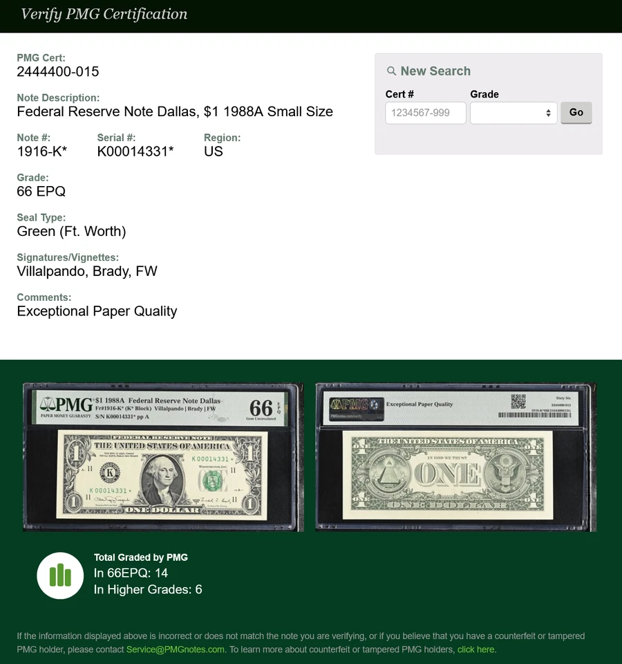 1988A $1 DALLAS STAR NOTE PMG 66 EPQ Fr 1916-K* K00014331* FW K/* Gem UNC - Image 3 of 3