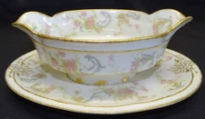 Haviland Schleiger 57J Gravy Boat Limoges Pink Roses Blue Ribbons