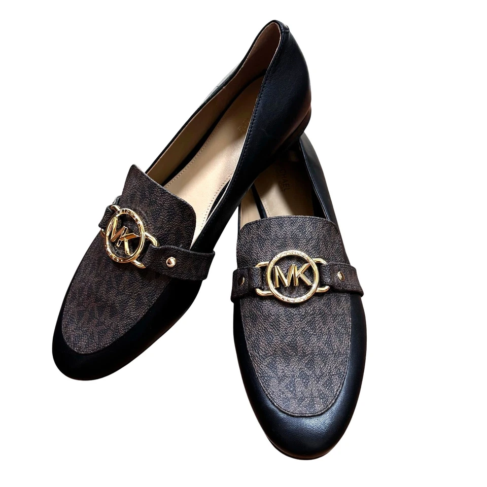 Michael Kors Rory Cuero Mocasines Zapatos Sin Cordones US 9.5M Negro Marrón Monograma Foto 2 de 4