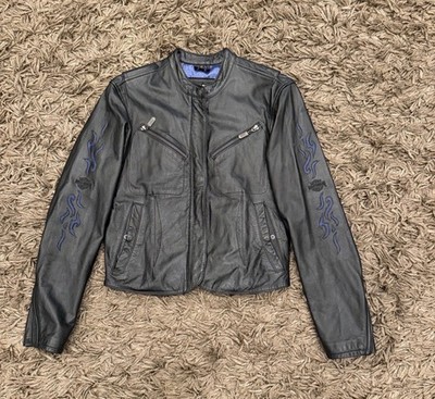 HARLEY DAVIDSON WOMENS LEATHER JACKET BLUE FLAME SLEEVES VINTAGE Size Small
