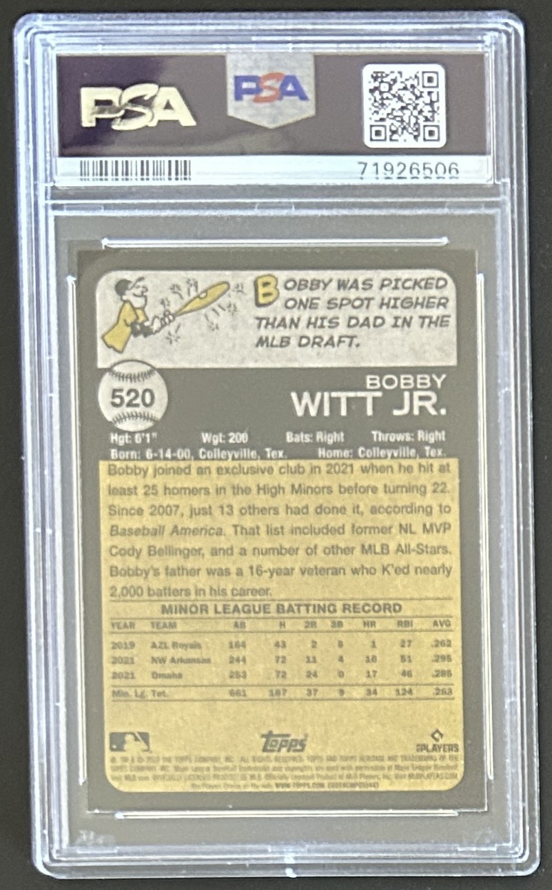 2022 Topps Heritage #520 Bobby Witt Jr. Rookie RC PSA Gem Mint 10 view 2