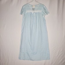 Carriage Court Blue Gingham Floral Lace Nightgown Vintage Short Sleeve Small
