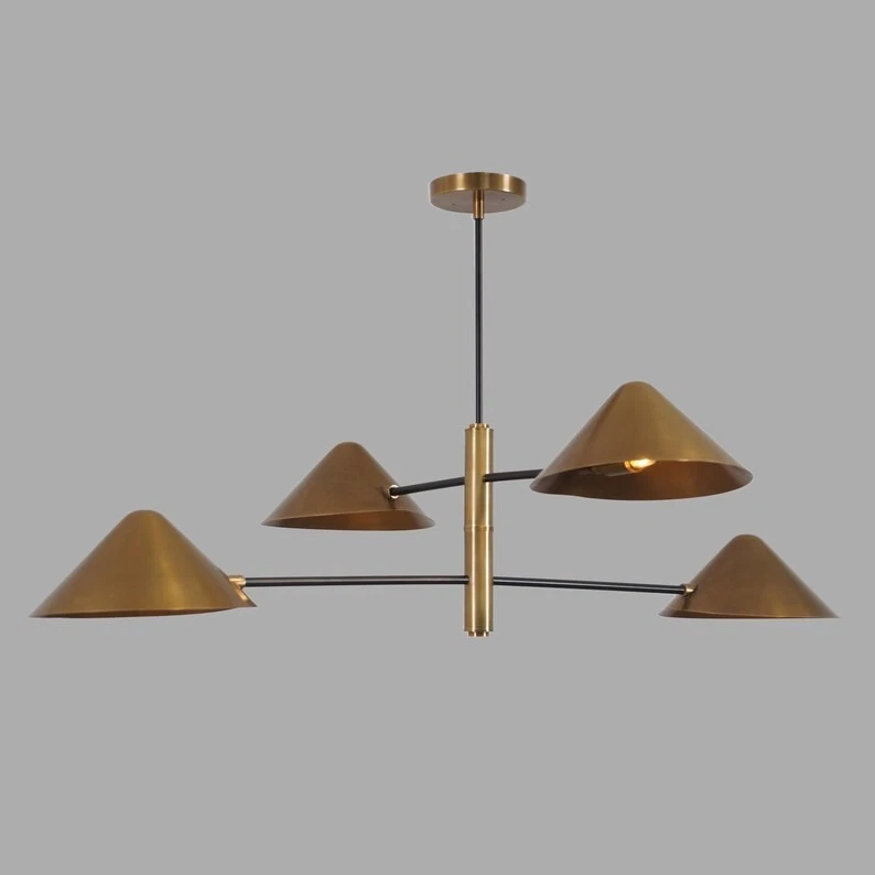 Handmade Linear Brass Four Shade Raw Brass Ceiling Pendant Chandelier Light Fixt - Image 3 of 4