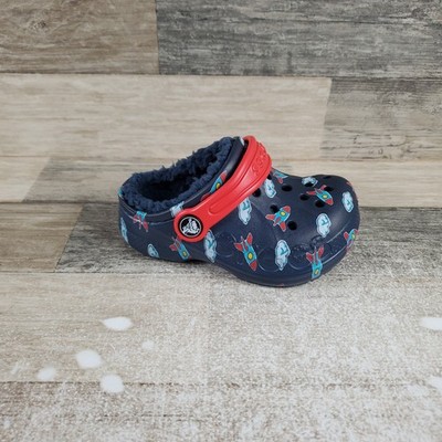 Crocs Baya Lined Printed Toddler Clog Sz 7 Navy Flame Ankle Strap Slip On Shoes