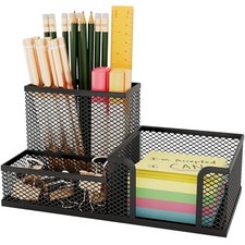 Mesh Pen Holder for Desk 3 Compartment Desk Organizer for Pens 3-Section Black